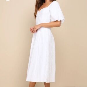Lulu’s Heavenly Energy White Textured Puff Sleeve Pleated Midi Dress - Small